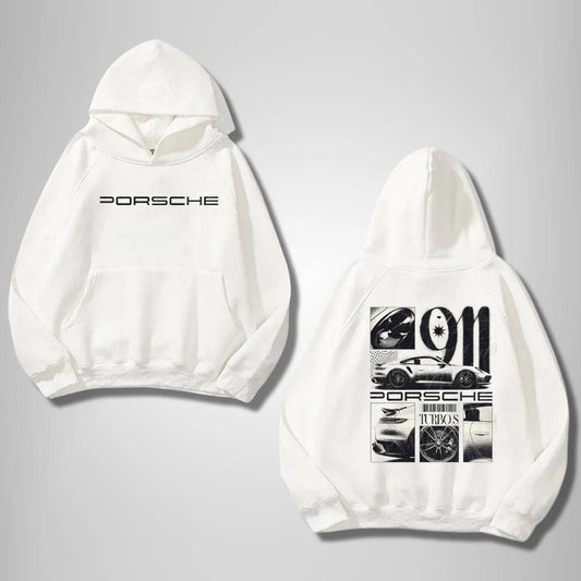 ESC BUTİK Porsche Ön Arka Baskılı Beyaz Kapşonlu Sweatshirt