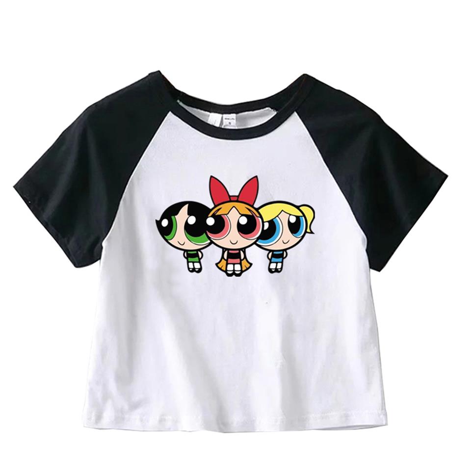 ESC BUTİK Powerpuff Girls Baskılı Reglan Kol Beyaz Crop