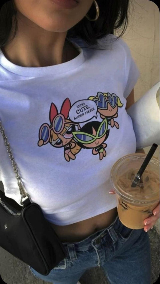 ESC BUTİK Powerpuff Girls 'Super Cute' Baskılı Beyaz Crop