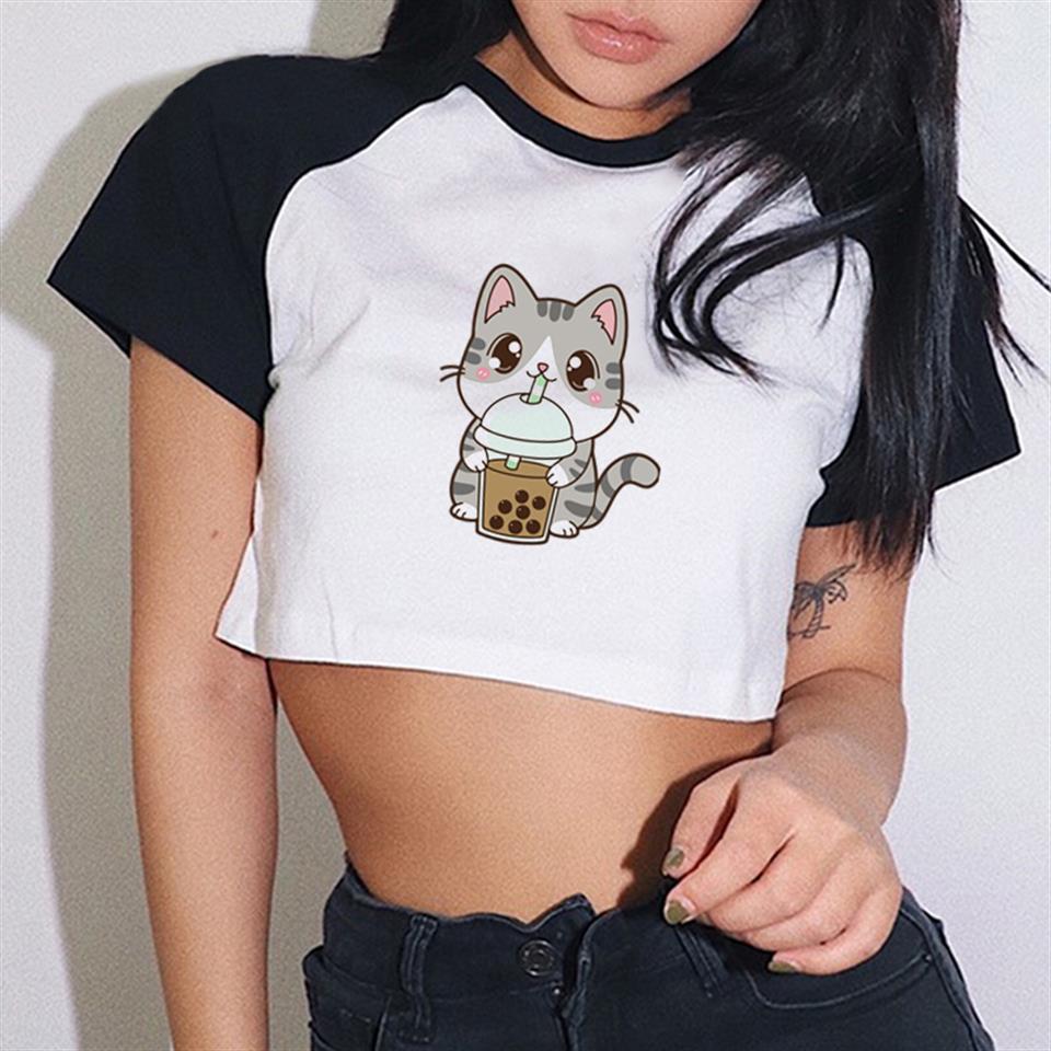 ESC BUTİK Pretty Cat Baskılı Reglan Kol Beyaz Crop