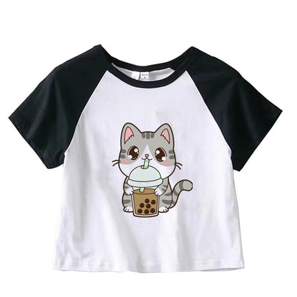 ESC BUTİK Pretty Cat Baskılı Reglan Kol Beyaz Crop