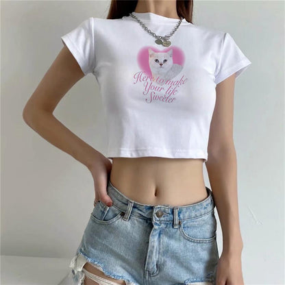 ESC BUTİK Pretty Cat & Heart Baskılı Beyaz Crop