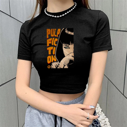 ESC BUTİK Pulp Fiction Baskılı Siyah Crop