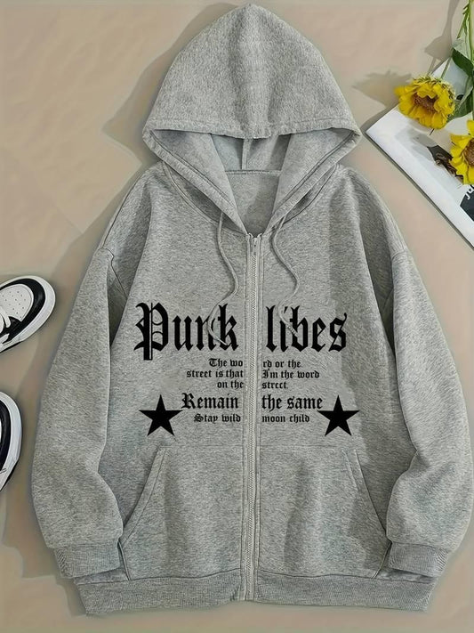 ESC BUTİK Punk Libes Baskılı Oversize Fermuarlı Gri Unisex Kapüşonlu Hırka