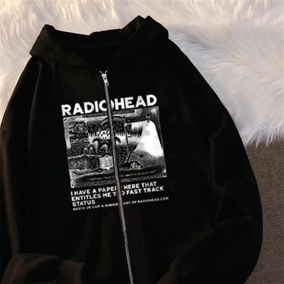 ESC BUTİK Radiohead Baskılı Oversize Fermuarlı Siyah Unisex Kapüşonlu Hırka