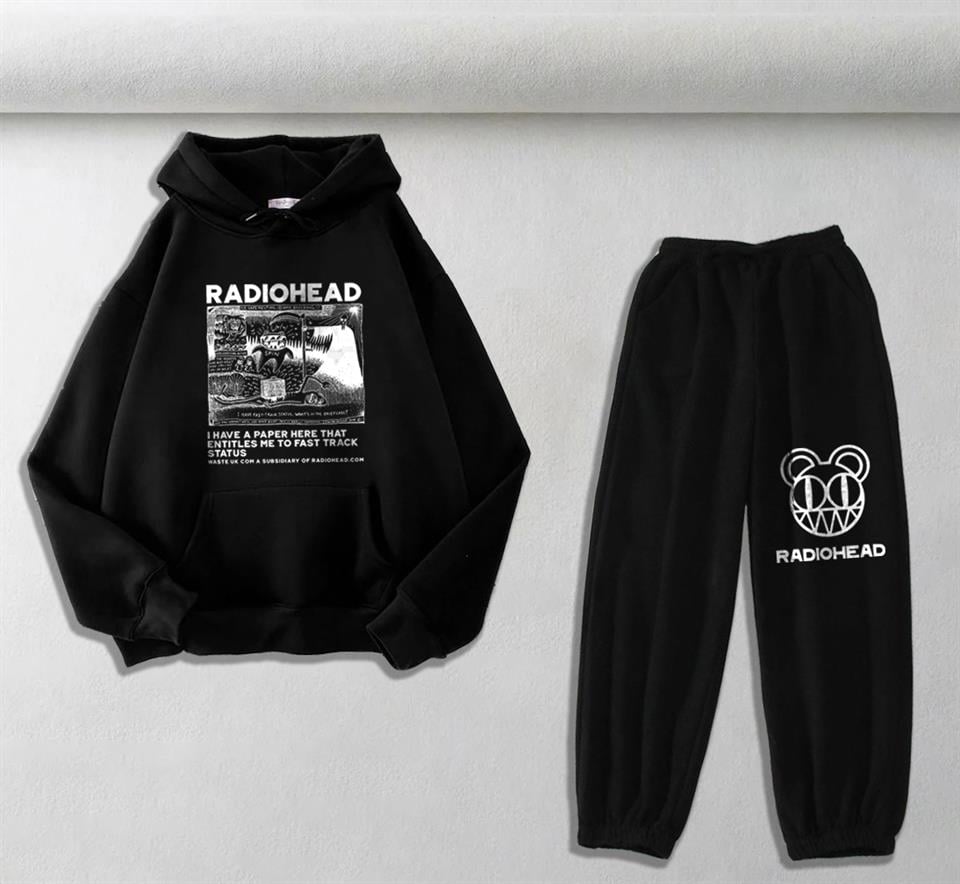 ESC BUTİK Radiohead Baskılı Siyah Oversize Kapüşonlu Sweatshirt & Eşofman Altı Unisex İkili Takım