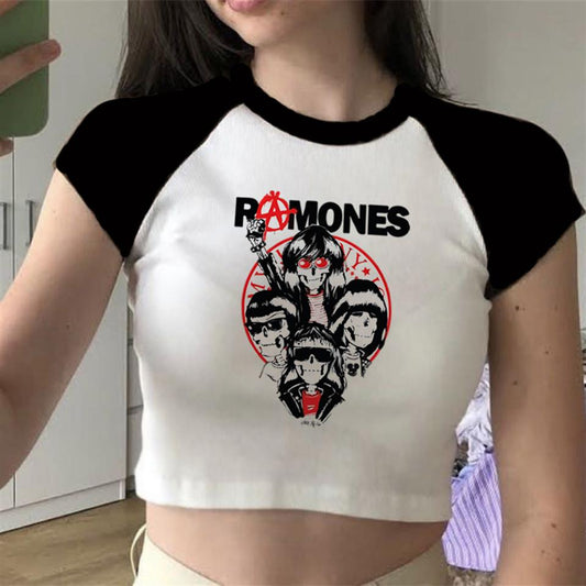 ESC BUTİK Ramones Logo & Artists Baskılı Reglan Kol Beyaz Crop