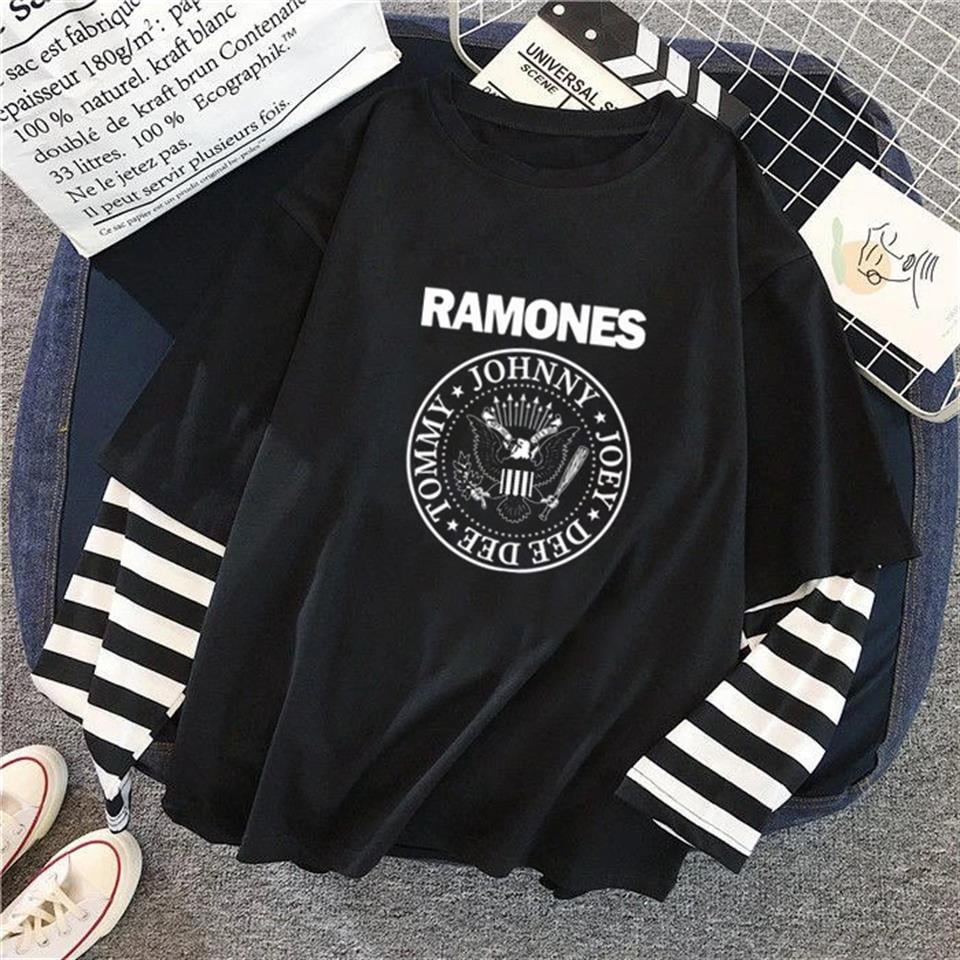 ESC BUTİK Ramones Logo Baskılı Fake Sleeves Unisex Siyah T-shirt