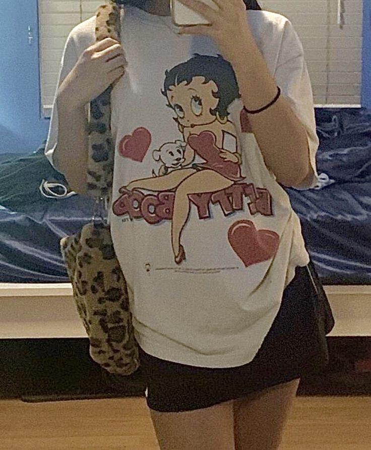 ESC BUTİK Red Cute Betty Boop Baskılı Beyaz T-shirt