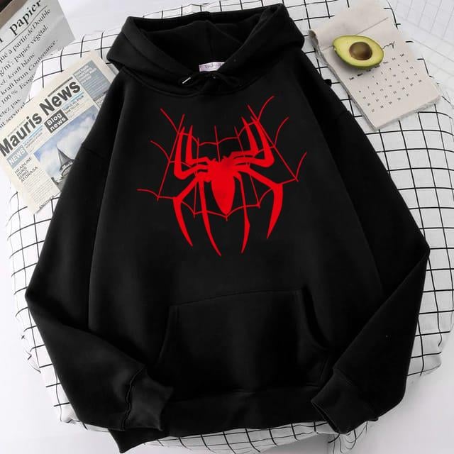 ESC BUTİK Red Spider Web Baskılı Siyah Unisex Oversize Kapüşonlu Sweatshirt