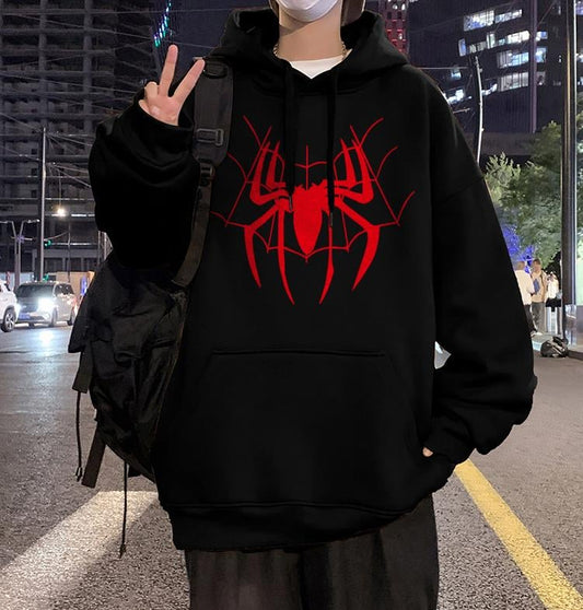 ESC BUTİK Red Spider Web Baskılı Siyah Unisex Oversize Kapüşonlu Sweatshirt