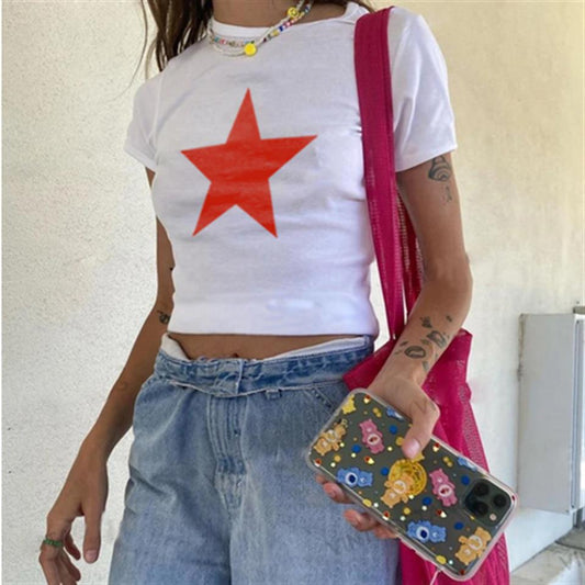 ESC BUTİK Red Star Baskılı Beyaz Crop