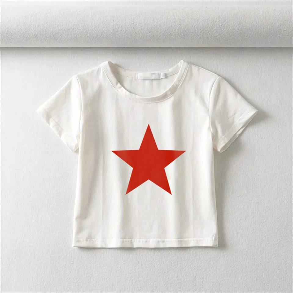 ESC BUTİK Red Star Baskılı Beyaz Crop