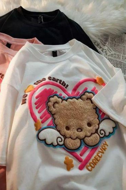 ESC BUTİK Retro Cute Bear Baskılı Beyaz Unisex Oversize T-shirt