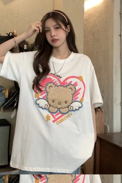 ESC BUTİK Retro Cute Bear Baskılı Beyaz Unisex Oversize T-shirt