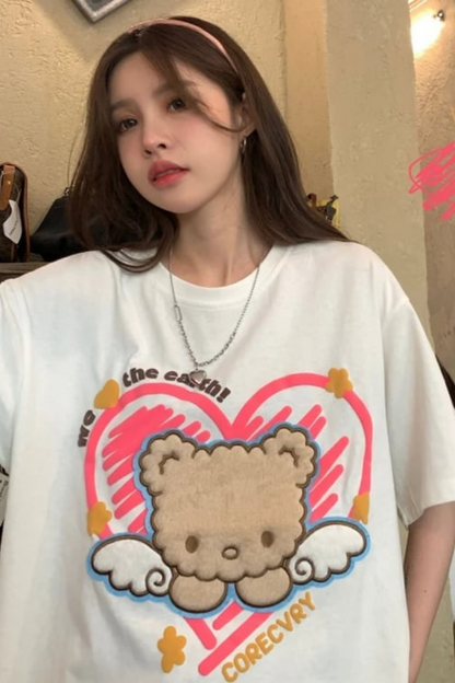 ESC BUTİK Retro Cute Bear Baskılı Beyaz Unisex Oversize T-shirt