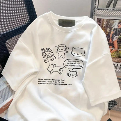 ESC BUTİK Retro Karikatür Kedi Baskılı Beyaz Unisex Oversize T-shirt