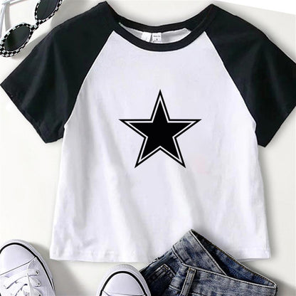 ESC BUTİK Retro Star Baskılı Reglan Kol Beyaz Crop