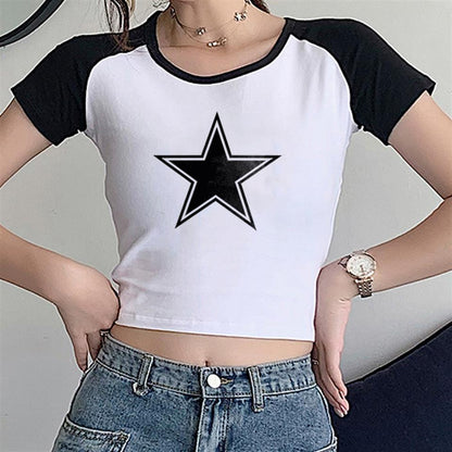 ESC BUTİK Retro Star Baskılı Reglan Kol Beyaz Crop