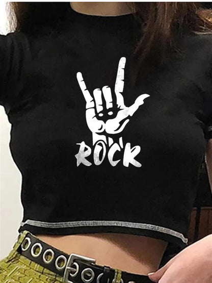 ESC BUTİK Rock Baskılı Ters Dikiş Siyah Crop