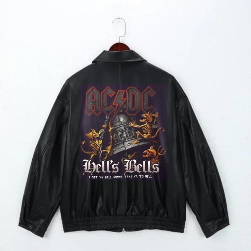 ESC BUTİK Rock Serisi Ac/Dc Baskılı Streetwear Siyah Oversize Unisex Astarlı Deri Ceket