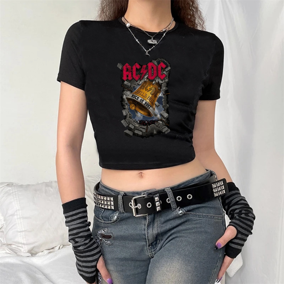 ESC BUTİK Rock Serisi AC/DC Logo Baskılı Siyah Crop