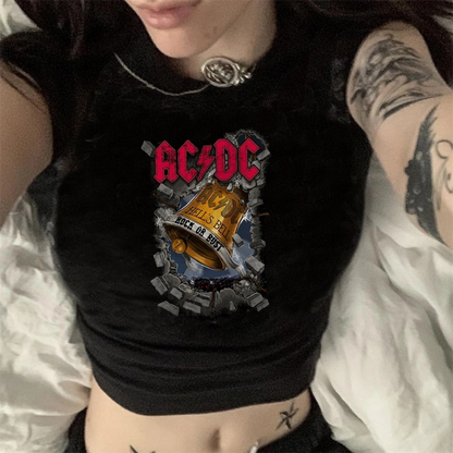 ESC BUTİK Rock Serisi AC/DC Logo Baskılı Siyah Crop