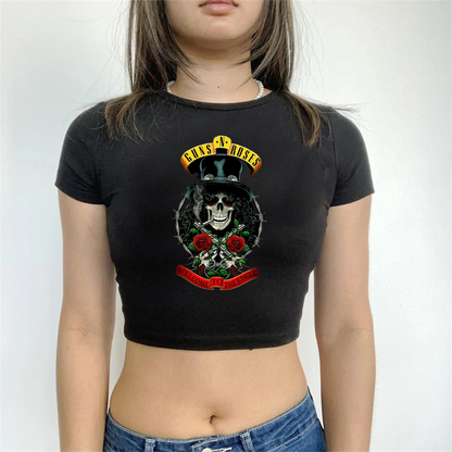 ESC BUTİK Rock Serisi Guns N' Roses Logo Baskılı Siyah Crop