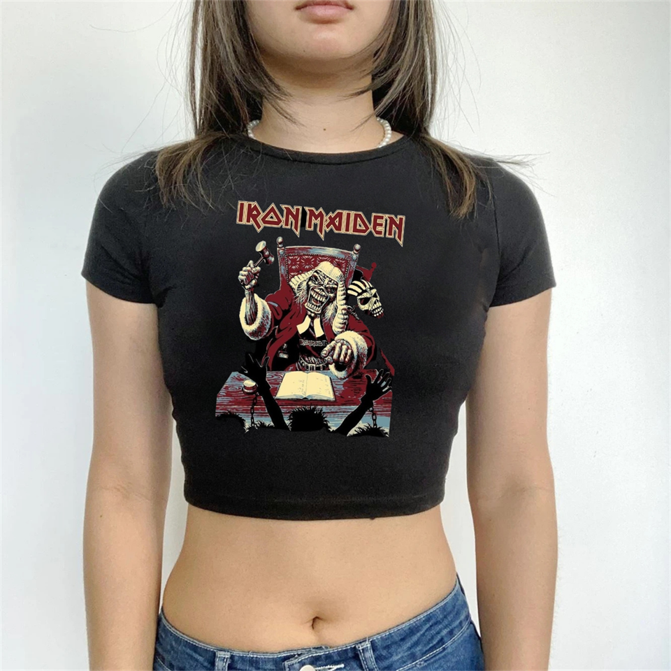 ESC BUTİK Rock Serisi Iron Maiden Logo Baskılı Siyah Crop