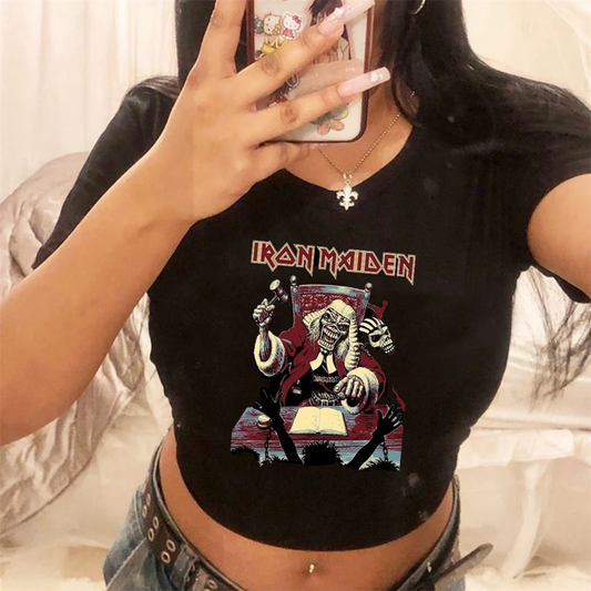 ESC BUTİK Rock Serisi Iron Maiden Logo Baskılı Siyah Crop