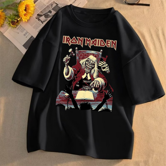 ESC BUTİK Rock Serisi Iron Maiden Logo Baskılı Siyah Unisex Oversize T-shirt