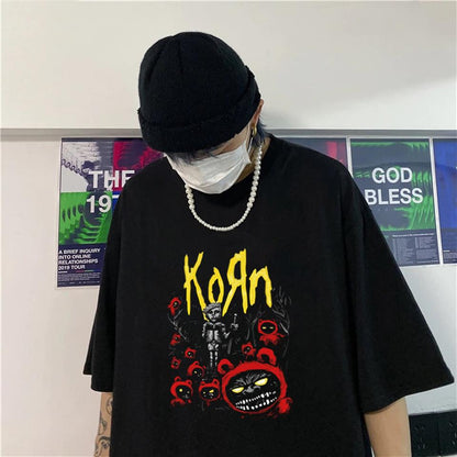 ESC BUTİK Rock Serisi Korn Poster Siyah Unisex Oversize T-shirt