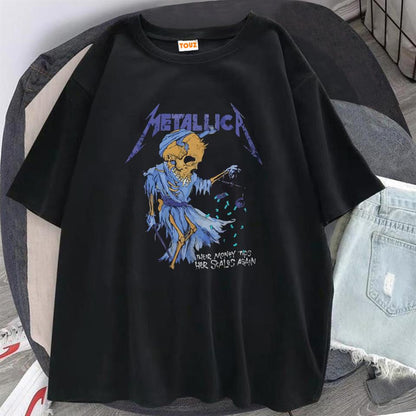 ESC BUTİK Rock Serisi Metallica Skull Money Siyah Unisex Oversize T-shirt