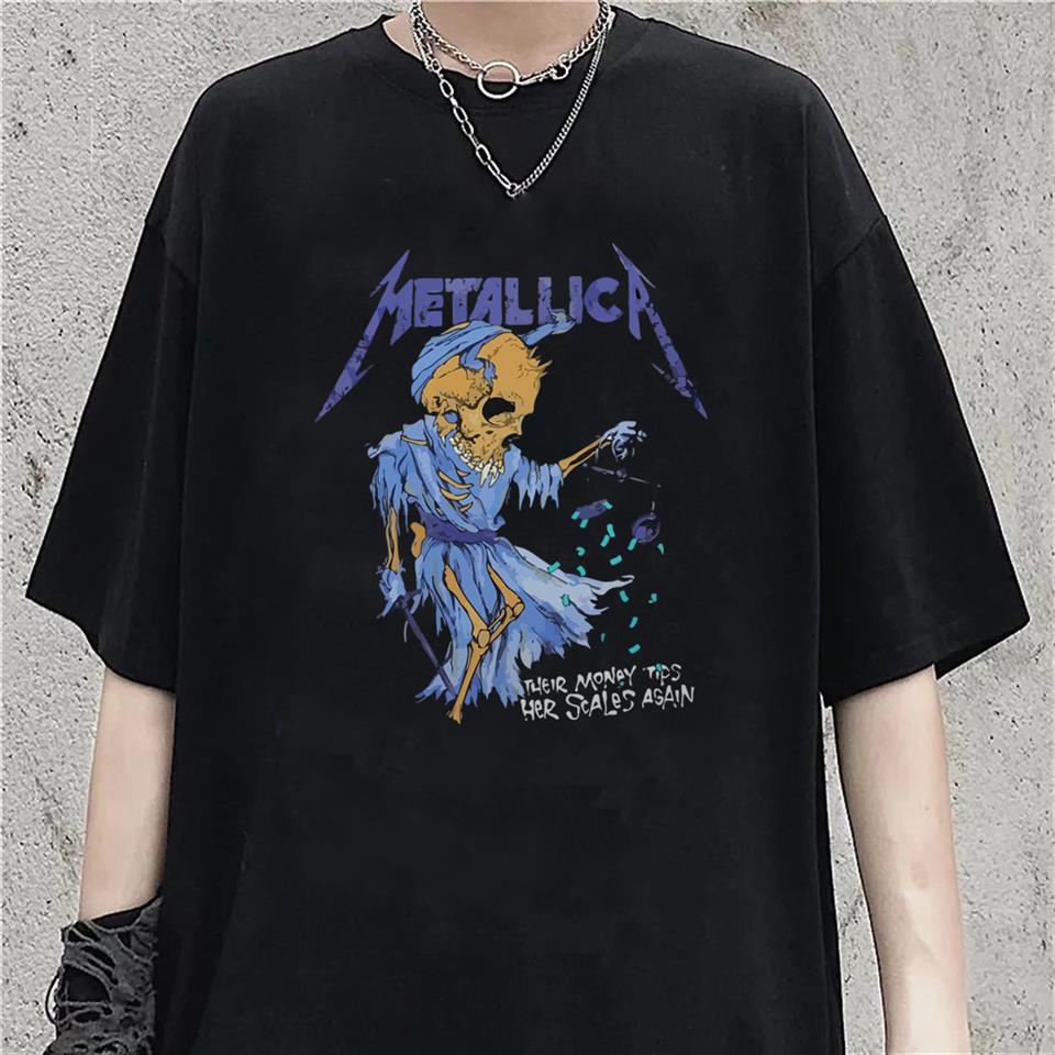 ESC BUTİK Rock Serisi Metallica Skull Money Siyah Unisex Oversize T-shirt