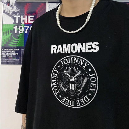 ESC BUTİK Rock Serisi Ramones Logo Siyah Unisex Oversize T-shirt