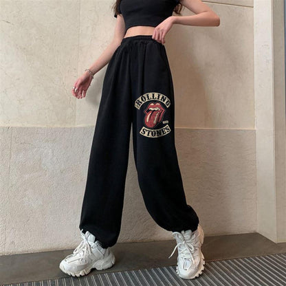 ESC BUTİK Rock Serisi Rolling Stones Vintage Baskılı Oversize Unisex Siyah Eşofman Altı