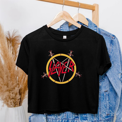 ESC BUTİK Rock Serisi Slayer Baskılı Siyah Crop