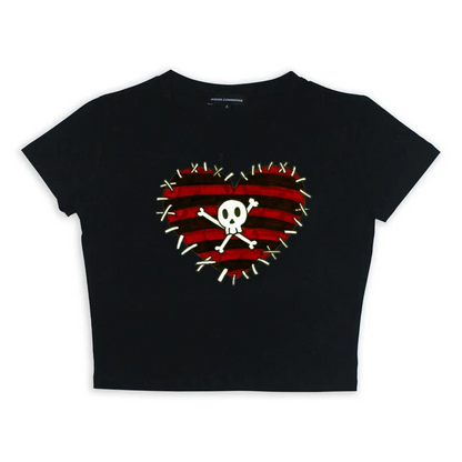 ESC BUTİK Skull And Heart Baskılı Siyah Crop