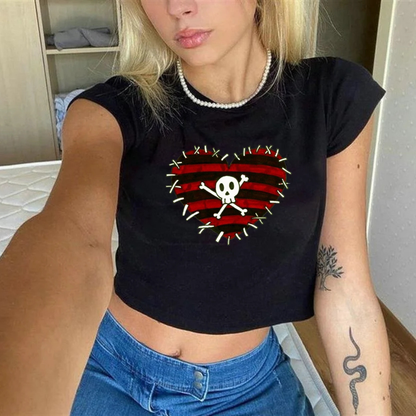 ESC BUTİK Skull And Heart Baskılı Siyah Crop