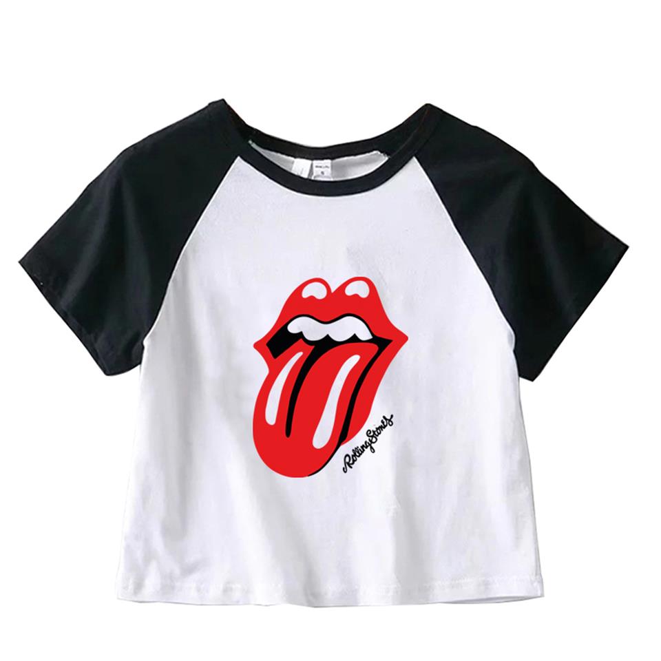 ESC BUTİK Rolling Stones Baskılı Reglan Kol Beyaz Crop