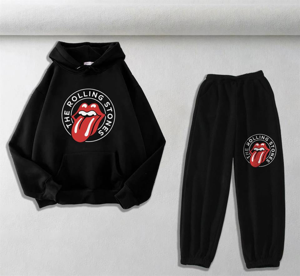 ESC BUTİK Rolling Stones Baskılı Siyah Oversize Kapüşonlu Sweatshirt & Eşofman Altı Unisex İkili Takım