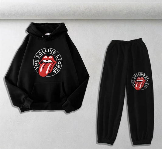 ESC BUTİK Rolling Stones Baskılı Siyah Oversize Kapüşonlu Sweatshirt & Eşofman Altı Unisex İkili Takım