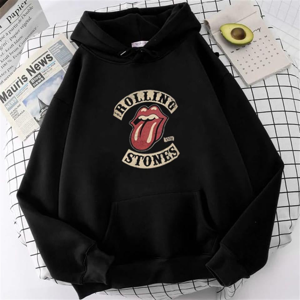 ESC BUTİK Rolling Stones Baskılı Siyah Unisex Oversize Kapüşonlu Sweatshirt