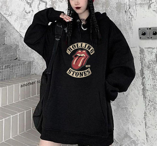 ESC BUTİK Rolling Stones Baskılı Siyah Unisex Oversize Kapüşonlu Sweatshirt