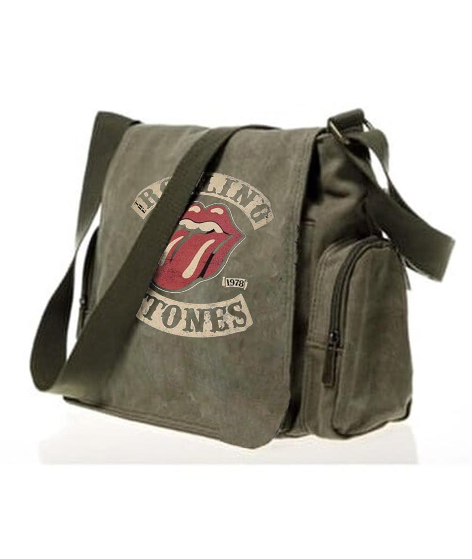 ESC BUTİK Rolling Stones Vintage Baskılı Unisex Yeşil Postacı Çantası