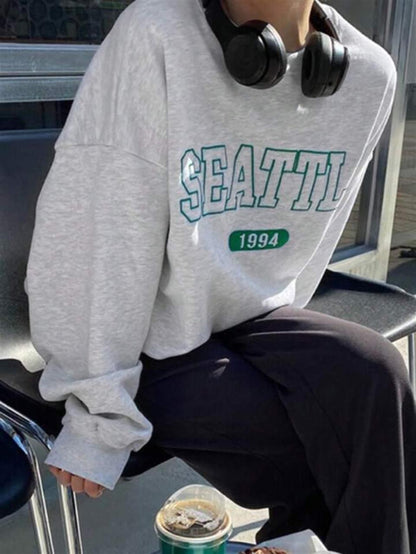 ESC BUTİK Seattle Baskılı Gri Unisex Oversize Bisiklet Yaka Sweatshirt