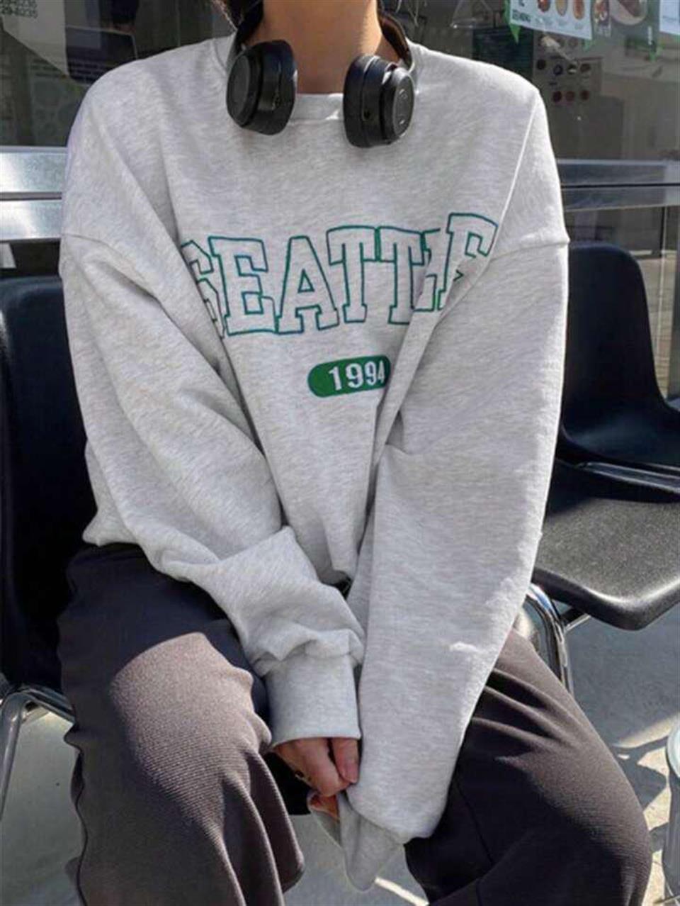 ESC BUTİK Seattle Baskılı Gri Unisex Oversize Bisiklet Yaka Sweatshirt