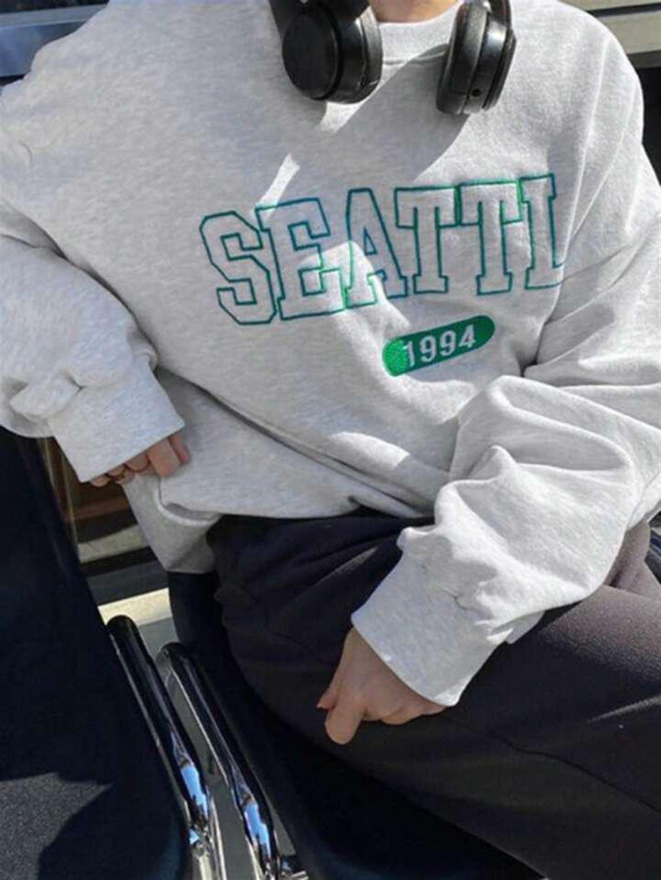 ESC BUTİK Seattle Baskılı Gri Unisex Oversize Bisiklet Yaka Sweatshirt