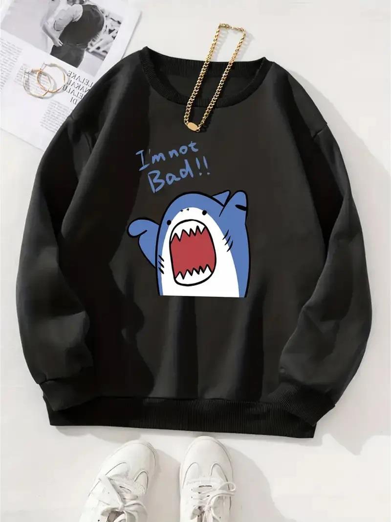 ESC BUTİK Shark Baskılı Siyah Unisex Oversize Bisiklet Yaka Sweatshirt