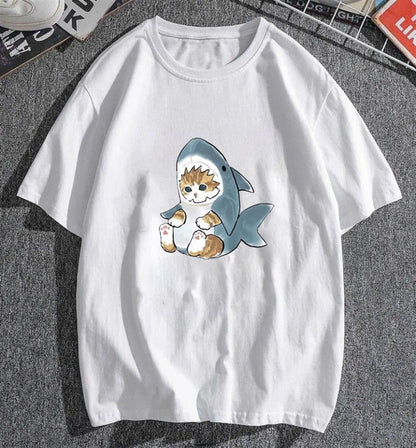 ESC BUTİK Shark Cat Beyaz Unisex Oversize T-shirt